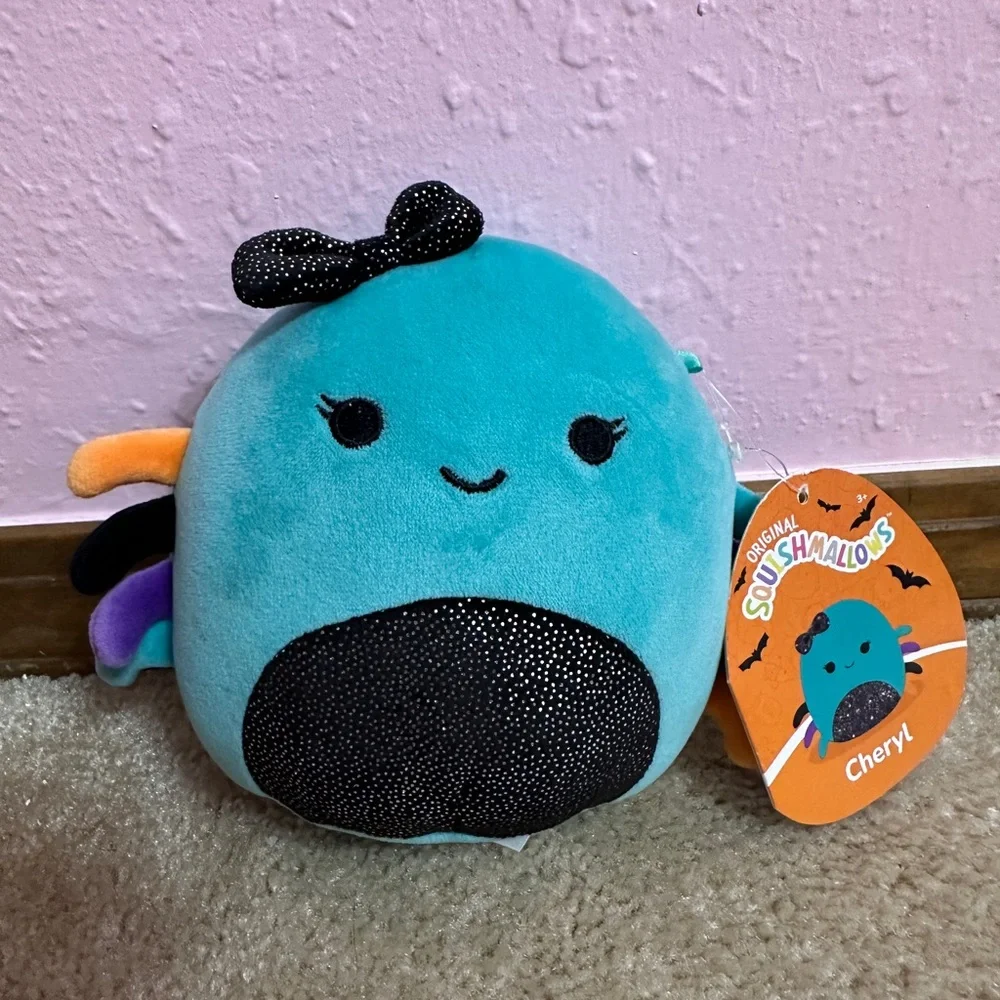 Squishmallows Cheryl the Teal Spider Glitter Black Tummy Bow 5” NWT Halloween